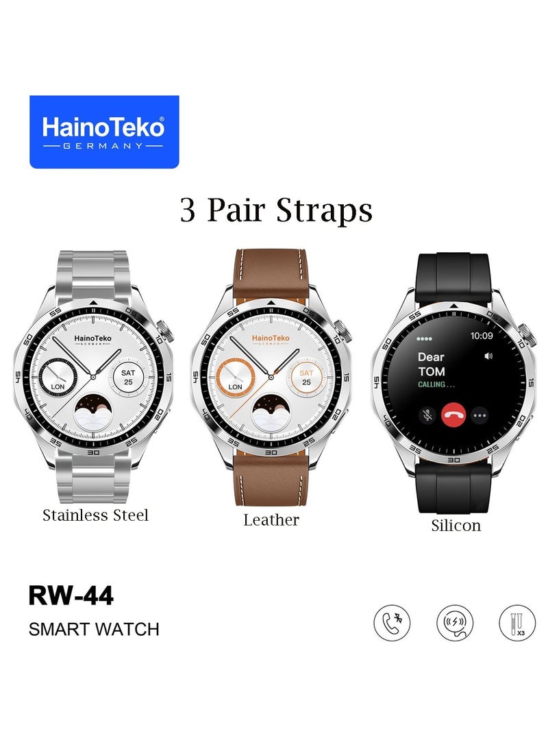 Haino Teko - Haino Teko Germany RW44 Round Screen AMOLED Display Smart Watch With 3 Pair Straps and Wireless Charger For Gents and Boys Silver - Image 1