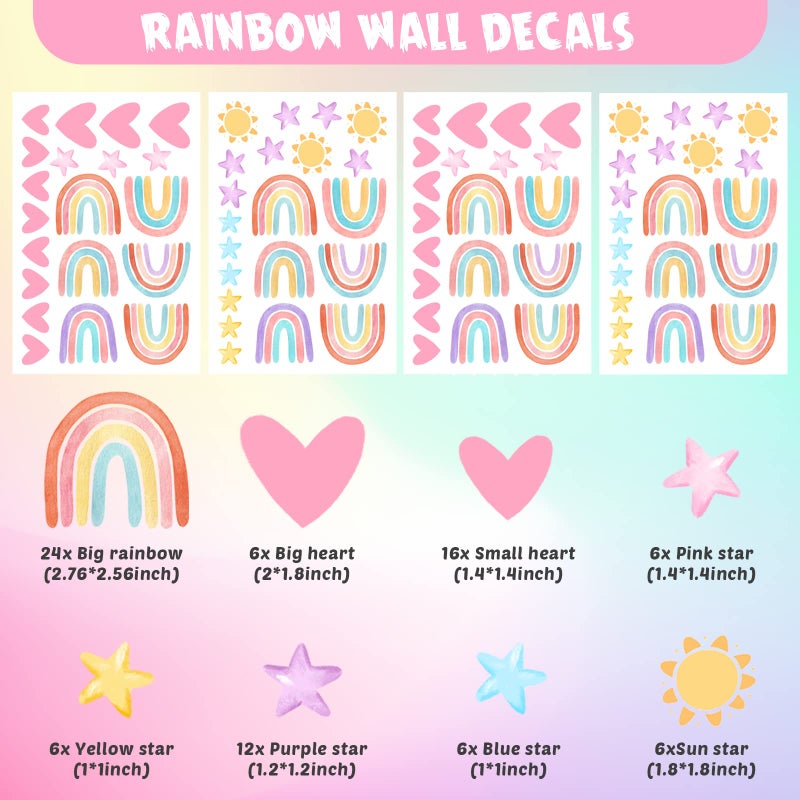Epakh Rainbow Wall Decor Stickers Small Rainbow Decal Watercolor Heart Star Sun Wall Stickers Decor For Girls Boys Baby Bedroom Nursery(Classic Color) - Image 3
