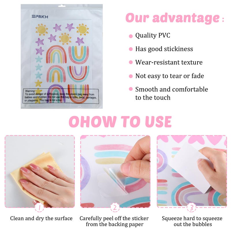 Epakh Rainbow Wall Decor Stickers Small Rainbow Decal Watercolor Heart Star Sun Wall Stickers Decor For Girls Boys Baby Bedroom Nursery(Classic Color) - Image 4