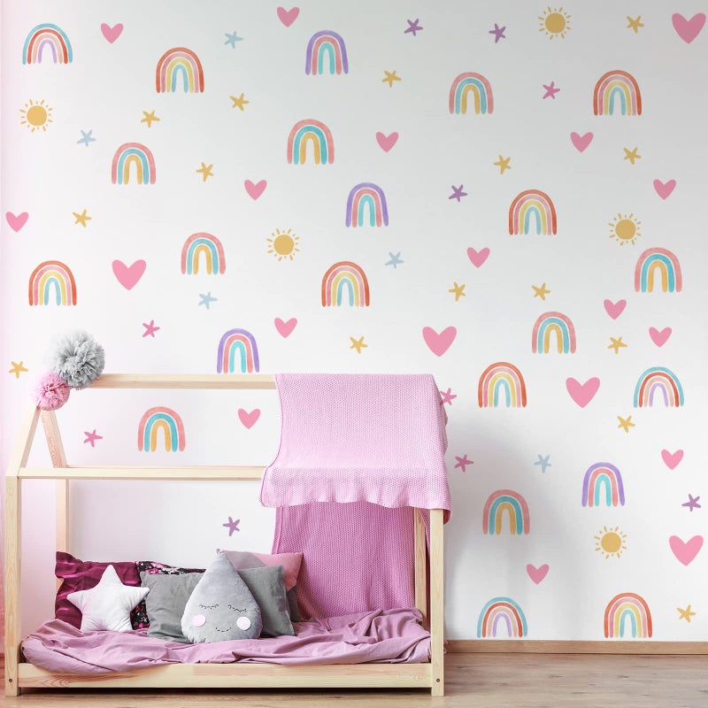 Epakh Rainbow Wall Decor Stickers Small Rainbow Decal Watercolor Heart Star Sun Wall Stickers Decor For Girls Boys Baby Bedroom Nursery(Classic Color) - Image 1
