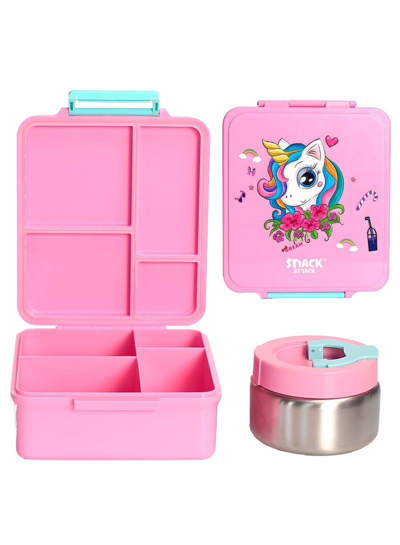 Snack Attack Pink Unicorn Kids Bento Lunch Box with Thermos Jar – 4-Compartment Stainless Steel Leakproof Lunchbox with Silicone Seal – Cute PinkUnicorn Artwork – Keeps Food Hot up to 5 Hrs – BPA-Free - Image 1