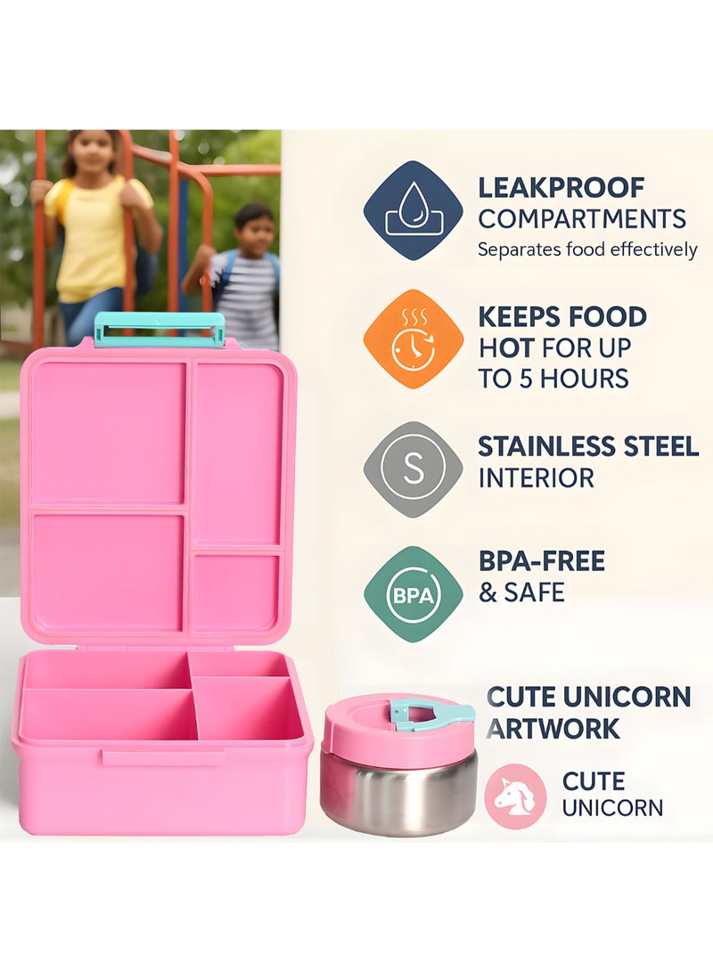 Snack Attack Pink Unicorn Kids Bento Lunch Box with Thermos Jar – 4-Compartment Stainless Steel Leakproof Lunchbox with Silicone Seal – Cute PinkUnicorn Artwork – Keeps Food Hot up to 5 Hrs – BPA-Free - Image 2