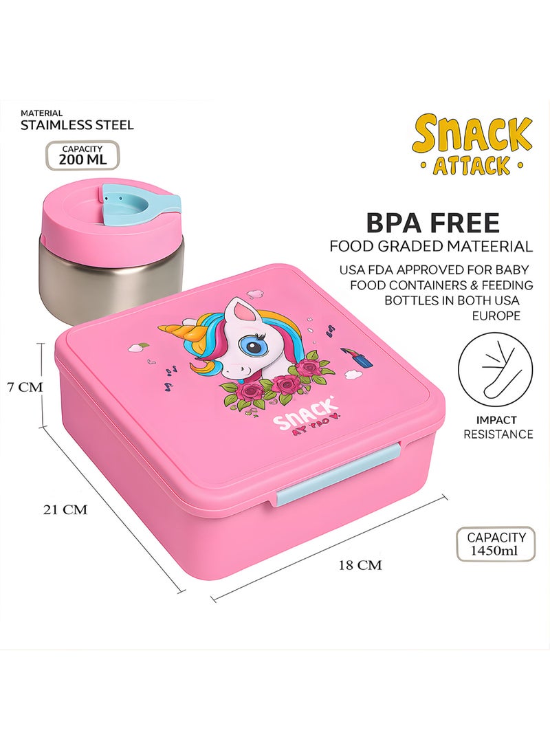 Snack Attack Pink Unicorn Kids Bento Lunch Box with Thermos Jar – 4-Compartment Stainless Steel Leakproof Lunchbox with Silicone Seal – Cute PinkUnicorn Artwork – Keeps Food Hot up to 5 Hrs – BPA-Free - Image 4