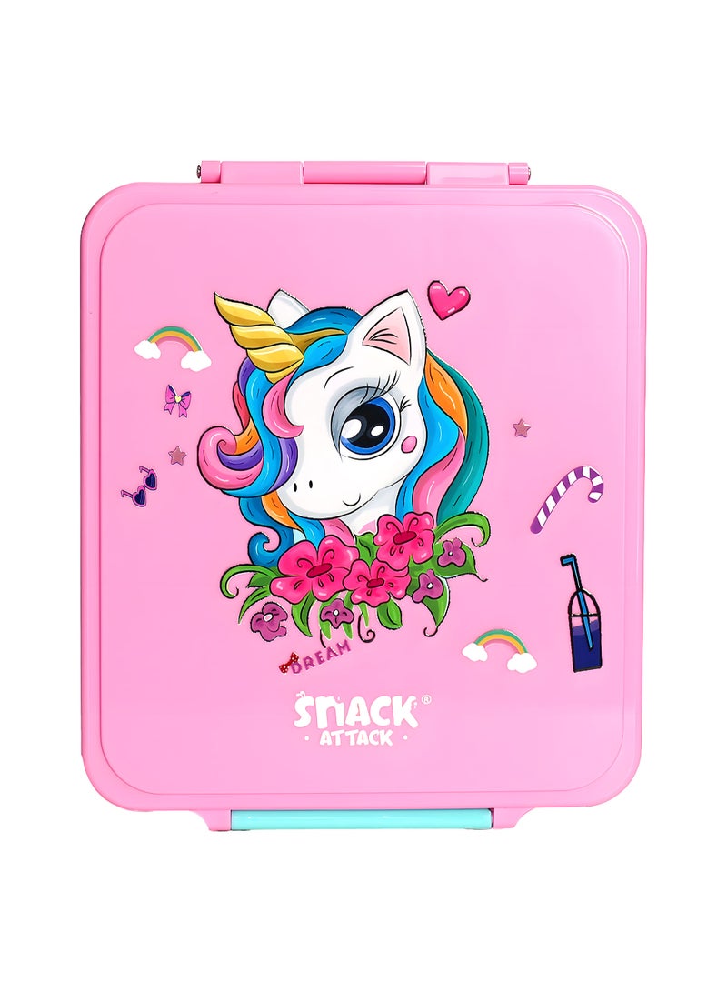 Snack Attack Pink Unicorn Kids Bento Lunch Box with Thermos Jar – 4-Compartment Stainless Steel Leakproof Lunchbox with Silicone Seal – Cute PinkUnicorn Artwork – Keeps Food Hot up to 5 Hrs – BPA-Free - Image 3