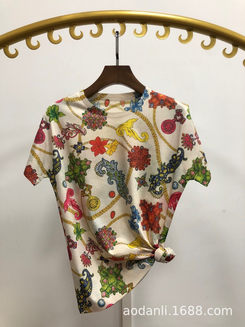 New Summer Women'S Clothing Fashion Trend Full-Body Printed Baby Cotton Color Pattern Elegant Slim-Fit Round - Image 1