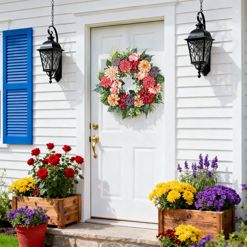 MDSTBN 24-Inch Spring Wreath for Front Door with Hydrangeas Dahlias Daisy Silk Flowers and Berry Greenery for All Seasons Indoor Outdoor Wedding Farmhouse Porch Wall Living Room Home Wedding Decor - Image 3