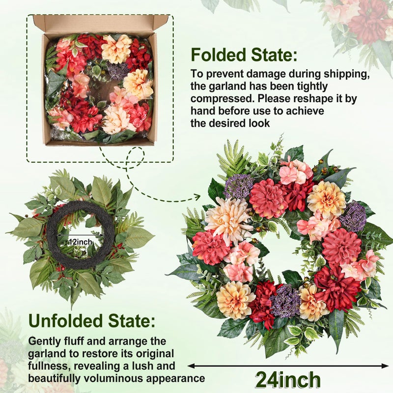 MDSTBN 24-Inch Spring Wreath for Front Door with Hydrangeas Dahlias Daisy Silk Flowers and Berry Greenery for All Seasons Indoor Outdoor Wedding Farmhouse Porch Wall Living Room Home Wedding Decor - Image 5
