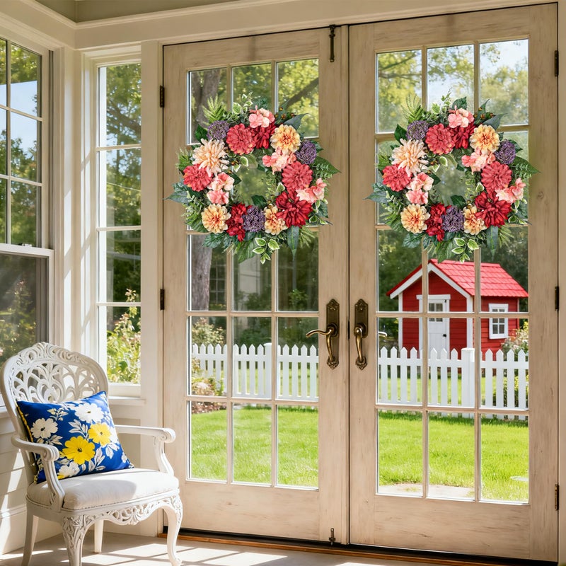 MDSTBN 24-Inch Spring Wreath for Front Door with Hydrangeas Dahlias Daisy Silk Flowers and Berry Greenery for All Seasons Indoor Outdoor Wedding Farmhouse Porch Wall Living Room Home Wedding Decor - Image 4