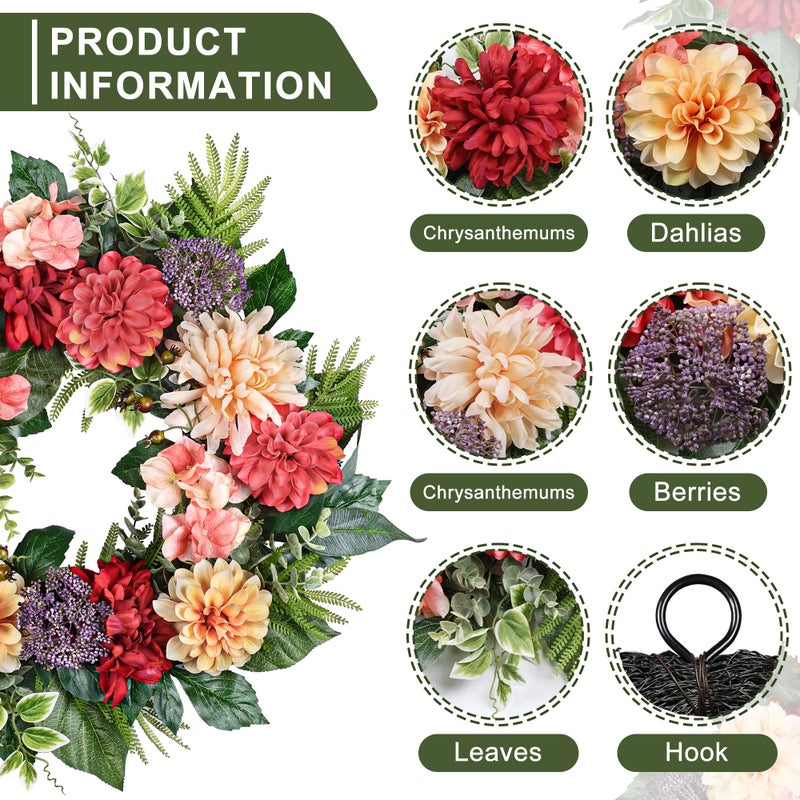 MDSTBN 24-Inch Spring Wreath for Front Door with Hydrangeas Dahlias Daisy Silk Flowers and Berry Greenery for All Seasons Indoor Outdoor Wedding Farmhouse Porch Wall Living Room Home Wedding Decor - Image 2