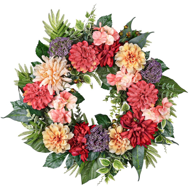 MDSTBN 24-Inch Spring Wreath for Front Door with Hydrangeas Dahlias Daisy Silk Flowers and Berry Greenery for All Seasons Indoor Outdoor Wedding Farmhouse Porch Wall Living Room Home Wedding Decor - Image 1