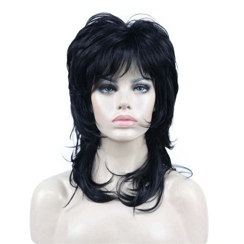 Aimole Shaggy Layered Wig Shoulder Length Womens Wig with Hair Bangs Premium Synthetic Hair Wig for Women 1 Jet Black