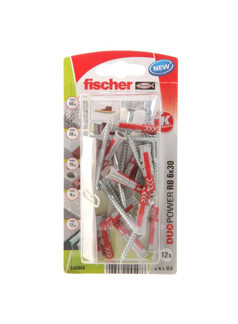 Fischer DuoPower Universal Plug W/ Screw Pack RB 0.6 x 3cm 12Pcs