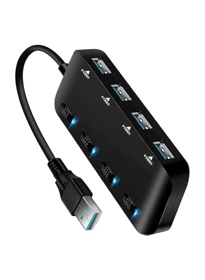 USB 3.0 Hub Splitter, 4-Port High-Speed USB Ultra Slim Data Hub, USB Multifunctional Extender Hub for Laptop with Individual On/Off Switch, Suitable for Laptop, Computer, Pc and More