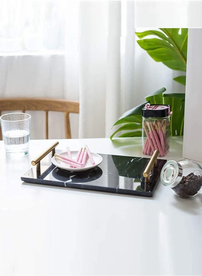 1Chase Marble Tray with Gold Handle (Black) 30x20 cm