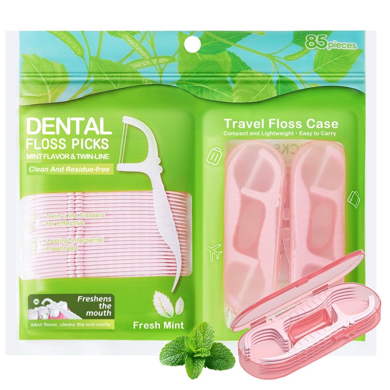 Innovihue Double Line Dental Floss Picks, 85 Count Mint Flavor Flossers for Deep Cleaning, Upgraded Floss Picks with 2 Portable Travel Cases, Convenient for Cleaning Teeth On The Go, Flossing Sticks for Family - Image 1
