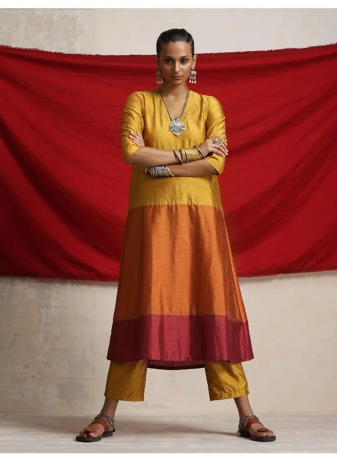 trueBrowns Gold Orange Silk A-line Kurta Set