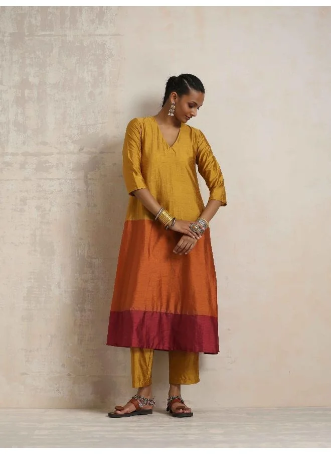 trueBrowns Gold Orange Silk A-line Kurta Set
