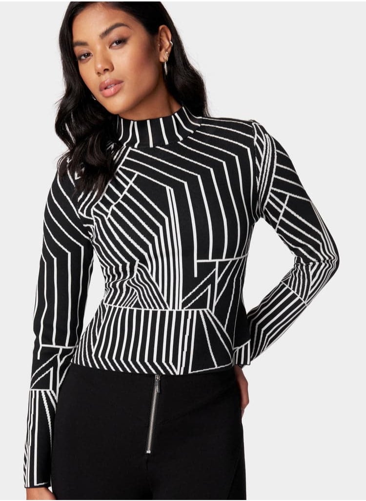 bebe ABSTRACT JACQUARD MOCK NECK SWEATER 