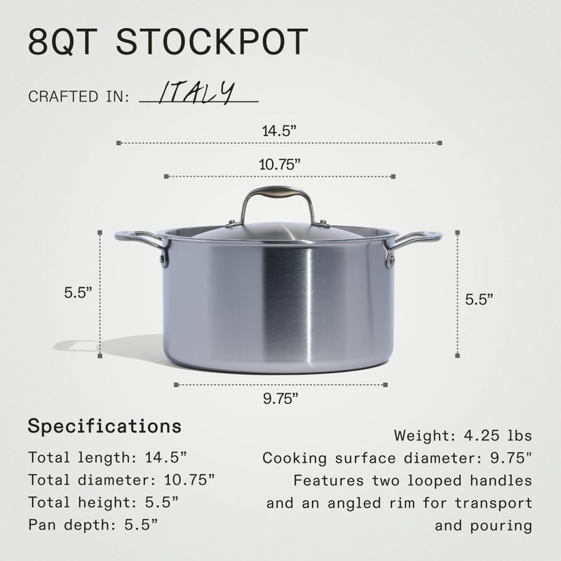 Madein Made In Cookware - 8 Quart Stainless Steel Stock Pot With Lid - 5 Ply Stainless Clad - Professional Cookware - Crafted in Italy - Induction Compatible  - Image 5