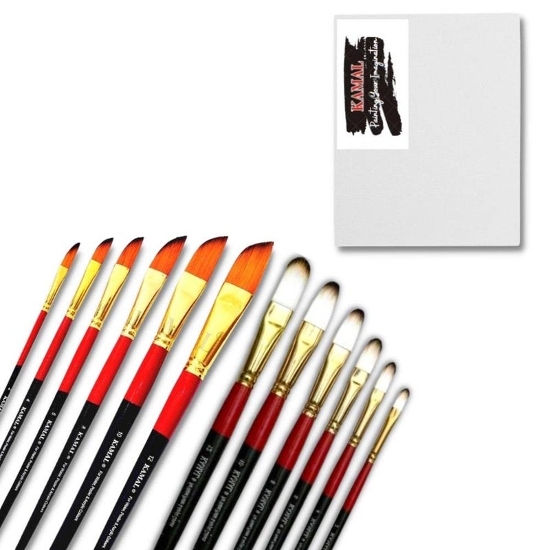 Kamal Combo of Filbert White Brown and Dagger Paint Brush Set of 6 for Oil, Nail, Artist Acrylic Painting with Cotton Canvas Board 16 X 12 Inch - Image 1