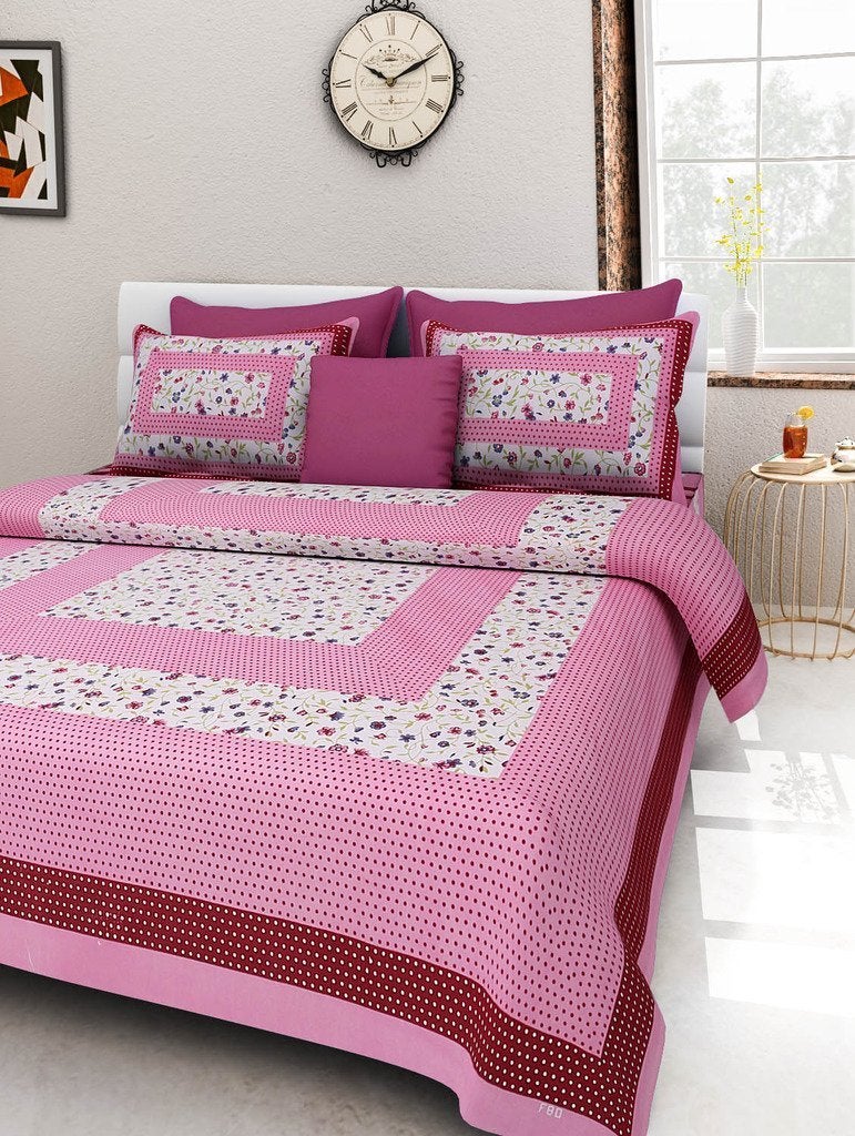 ART WORLD King Size Double Bed Sheet with Pillow Covers Pure Cotton Rajasthani Jaipuri Traditional Printed Bedcover (Pink, King) - Image 5