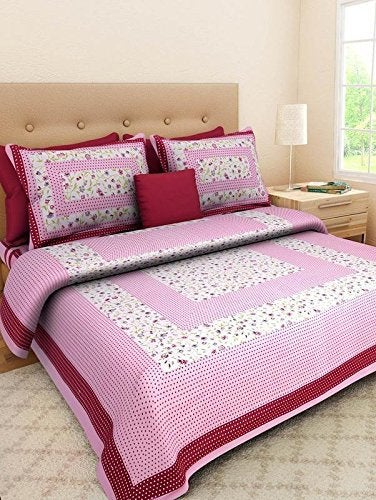 ART WORLD King Size Double Bed Sheet with Pillow Covers Pure Cotton Rajasthani Jaipuri Traditional Printed Bedcover (Pink, King) - Image 1