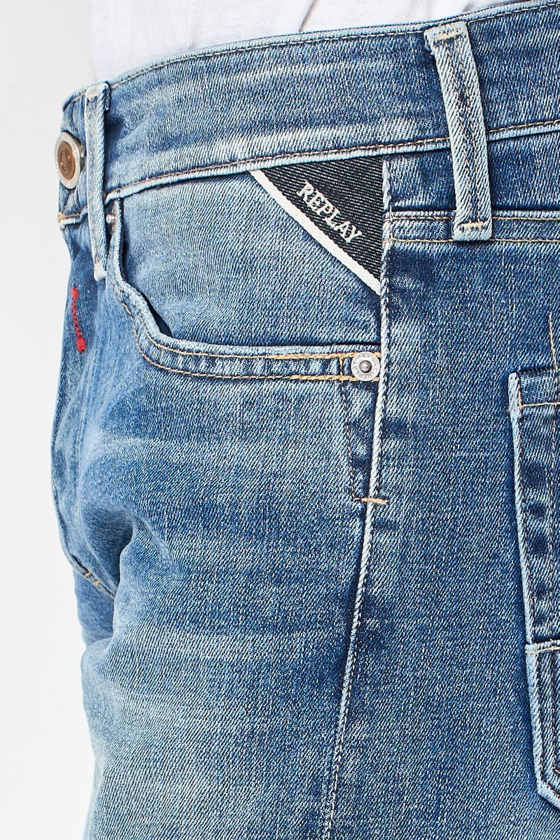 Replay Men Regular Fit Washed Stretchable Jeans, Blue - Image 3