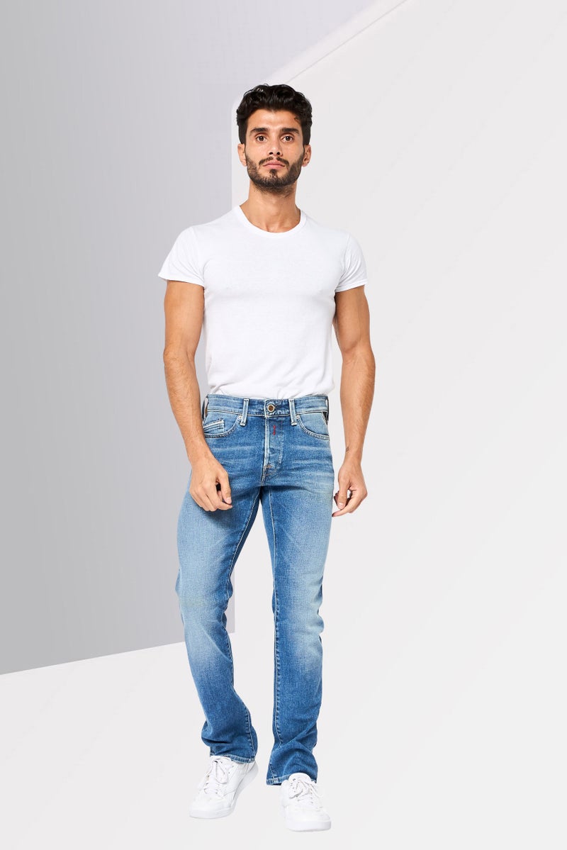 Replay Men Regular Fit Washed Stretchable Jeans, Blue - Image 4