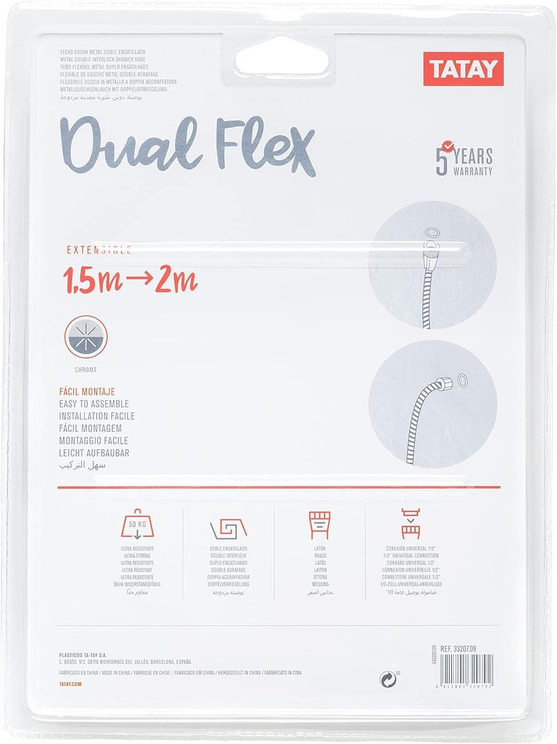 TATAY Extending Double Metal Shower Hose, 1.50-2.00 M, Stainless steel/Laton Brass, Silver, One Size - Image 4