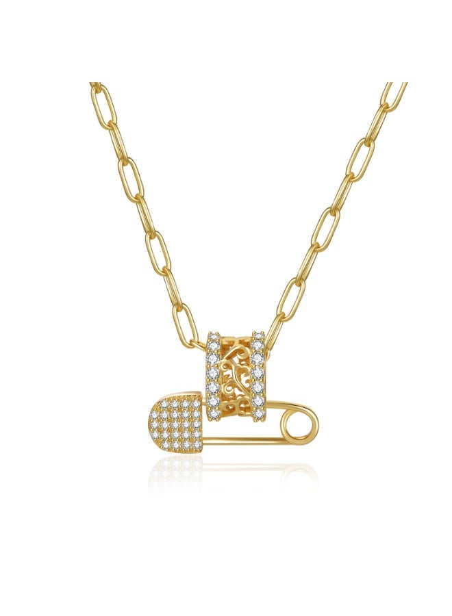 Moonmory 18K Gold Plated 925 Sterling Silver Safety Pin Pendant Necklace For Women With PaperCilp Chain, Original Design Vine Flower Pendant Necklace With 50 CM Adjustable Paper Cilp Chain Ramadan, Mother's Day, Valentine's Day Gifts - Image 1