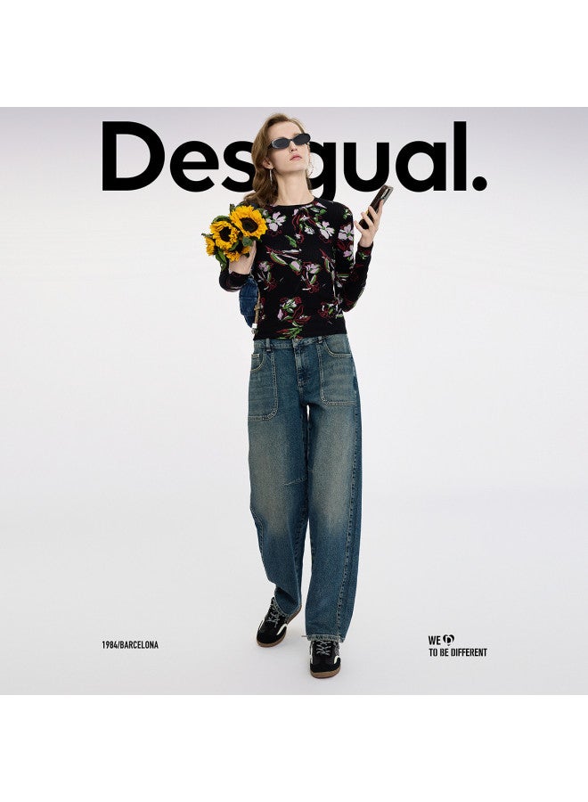 DESIGUAL 25 Spring/summer New Logo Leather Patch Double Waistband Women's Jeans - Image 4