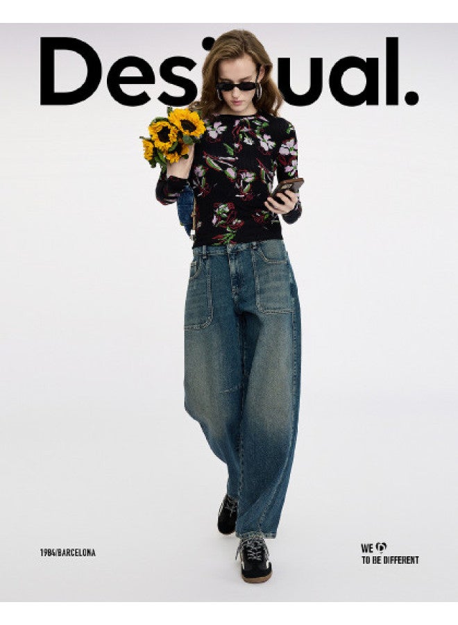 DESIGUAL 25 Spring/summer New Logo Leather Patch Double Waistband Women's Jeans - Image 1