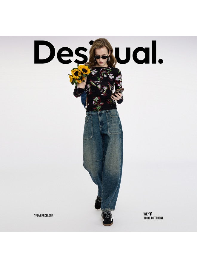 DESIGUAL 25 Spring/summer New Logo Leather Patch Double Waistband Women's Jeans - Image 2