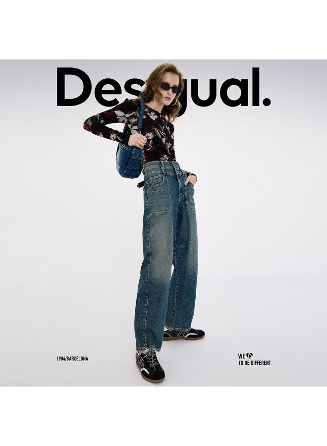 DESIGUAL 25 Spring/summer New Logo Leather Patch Double Waistband Women's Jeans - Image 3