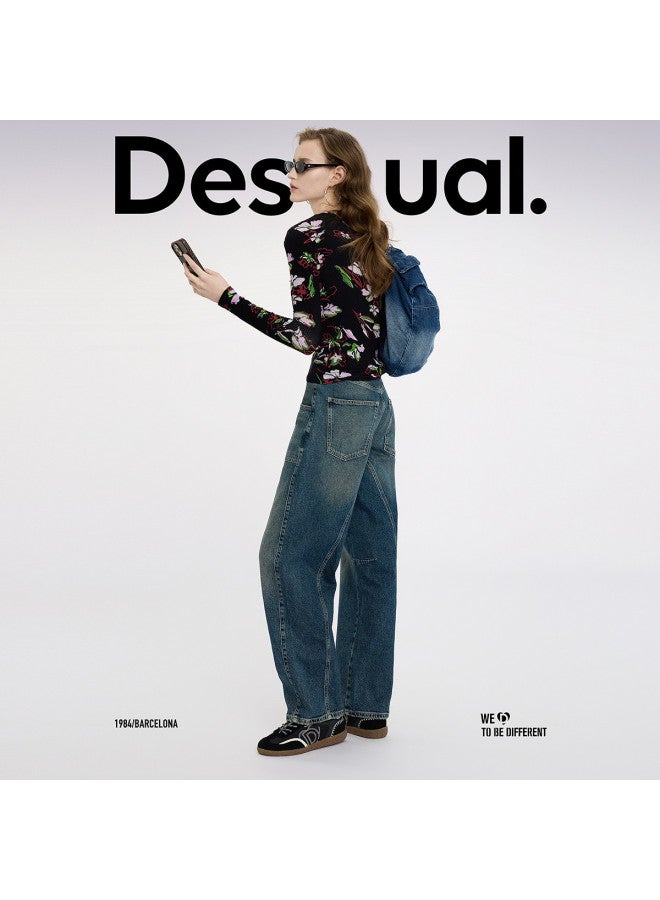 DESIGUAL 25 Spring/summer New Logo Leather Patch Double Waistband Women's Jeans - Image 5