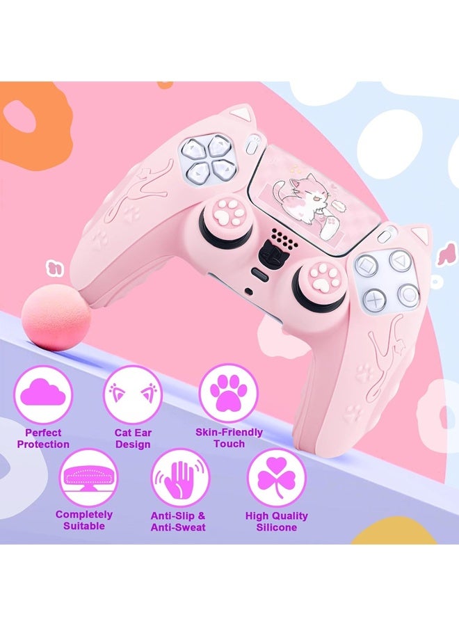 Ps5 Controller Cover Case,Cute Cat Paw Ps5 Controller Skin Set, Anti-Slip Silicone Protective Cover Skin Case For Wireless Controllerwith Ps5 Dual Sense Controller With Thumb Grip Caps, Joystick Protectors And Cover Wrap Sticker - Pink - Image 2
