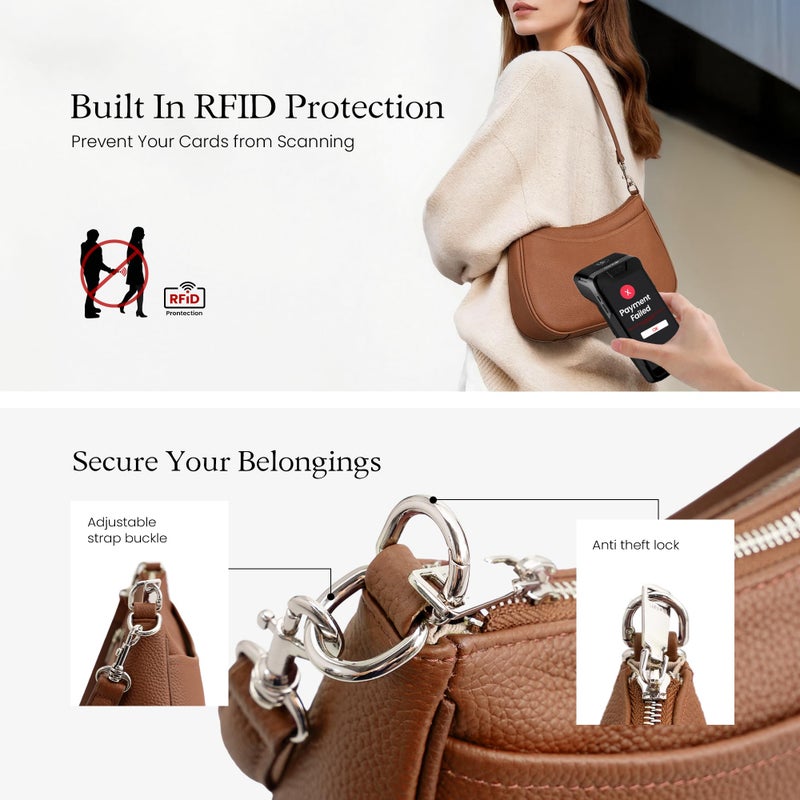 befen Genuine Leather Purse for Women Brown Shoulder Bag Anti Theft Crossbody Bag Soft Real Leather Hobo Crossbody with RFID Blocking Fashion Purse Desinger Women's Shoulder Handbags with 2 Straps - Image 2