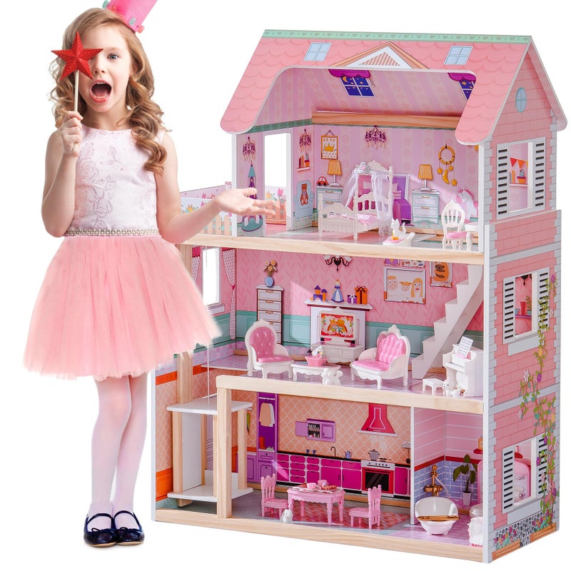 ROBOTIME Wooden Dollhouse, Doll Houses Playset with 24 Pcs Furniture for 4, 5, 6-Inch Dolls, Dollhouse Gift for 3+ Year Old Girls (Pink) - Image 1