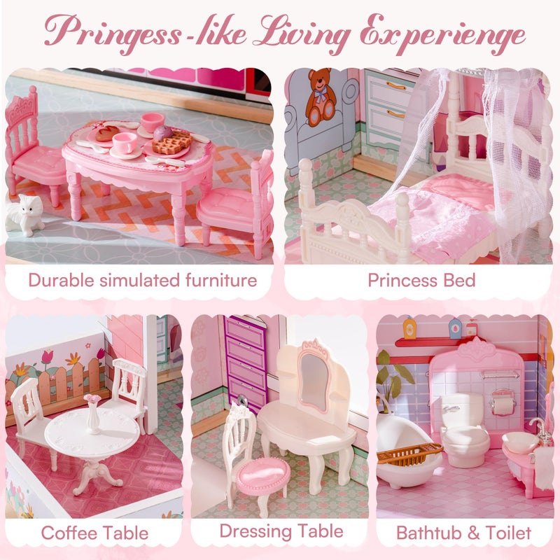 ROBOTIME Wooden Dollhouse, Doll Houses Playset with 24 Pcs Furniture for 4, 5, 6-Inch Dolls, Dollhouse Gift for 3+ Year Old Girls (Pink) - Image 4