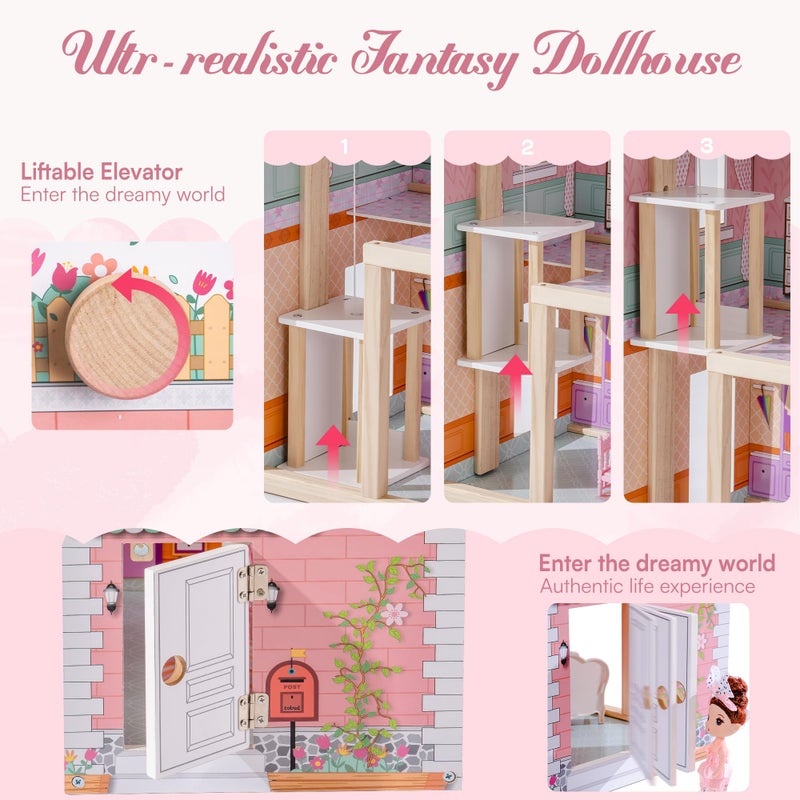 ROBOTIME Wooden Dollhouse, Doll Houses Playset with 24 Pcs Furniture for 4, 5, 6-Inch Dolls, Dollhouse Gift for 3+ Year Old Girls (Pink) - Image 3