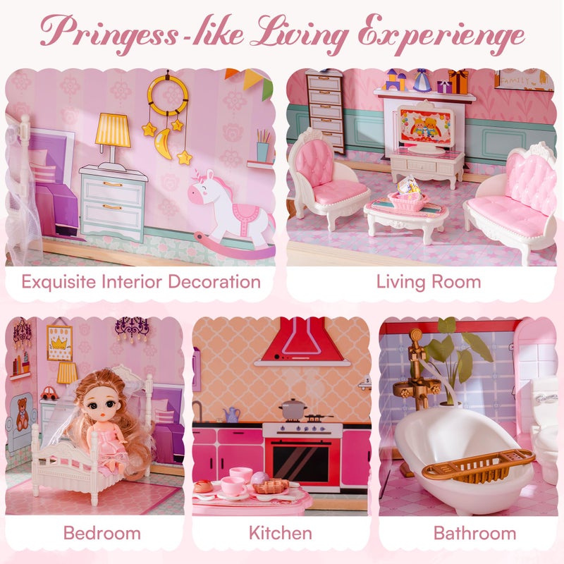 ROBOTIME Wooden Dollhouse, Doll Houses Playset with 24 Pcs Furniture for 4, 5, 6-Inch Dolls, Dollhouse Gift for 3+ Year Old Girls (Pink) - Image 5