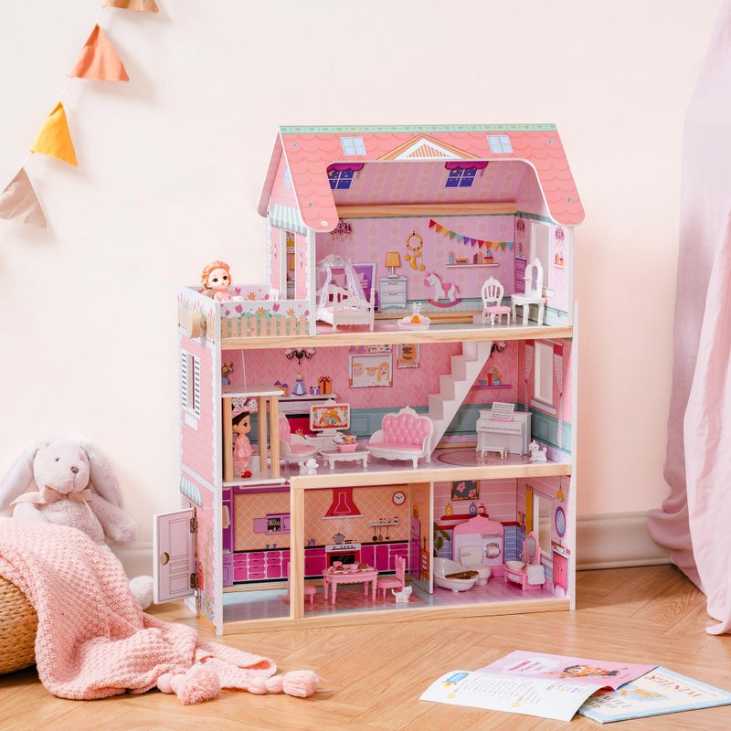 ROBOTIME Wooden Dollhouse, Doll Houses Playset with 24 Pcs Furniture for 4, 5, 6-Inch Dolls, Dollhouse Gift for 3+ Year Old Girls (Pink) - Image 2