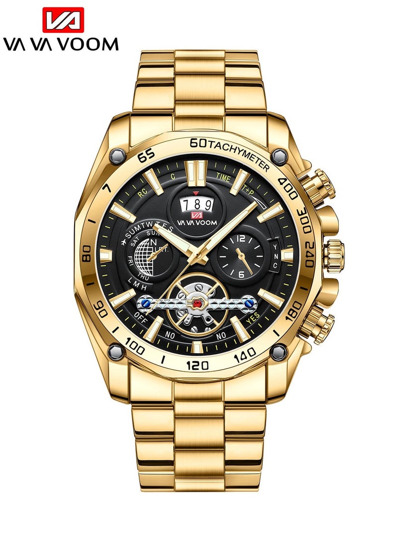 VA VA VOOM Men's Fashion Waterproof Stainless Steel Analog Quartz Watch - Gold - Image 1