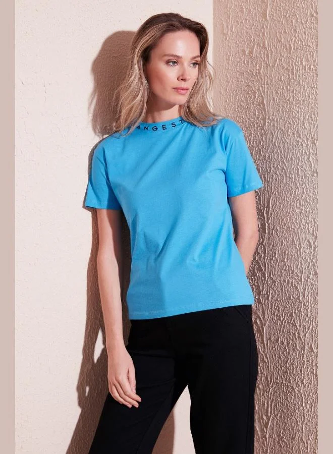 Lela Lela Collar Print Crew Neck Basic Knitted T-Shirt Women's T-Shirt 5864054