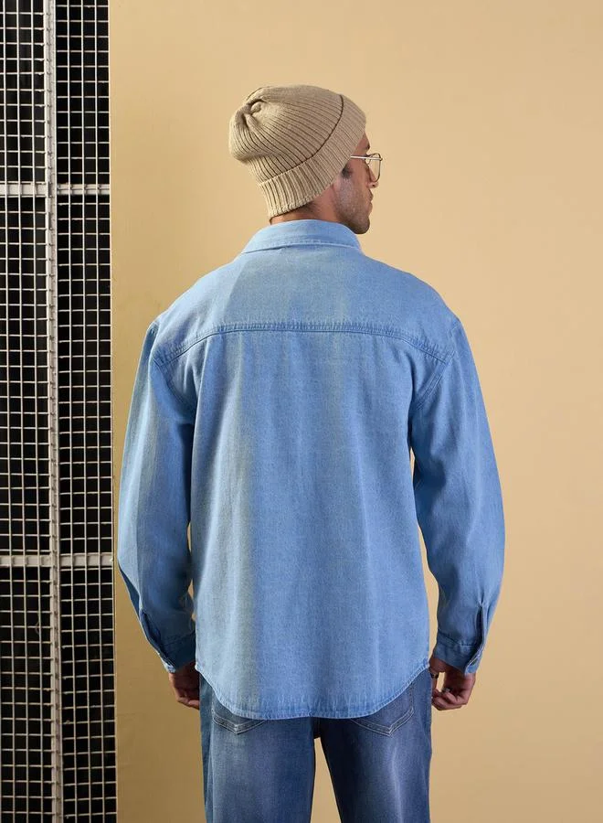 Mascln Sassafras Light Blue Color Block Oversize Shacket by Styli