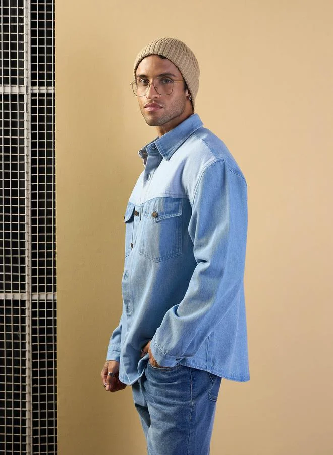 Mascln Sassafras Light Blue Color Block Oversize Shacket by Styli