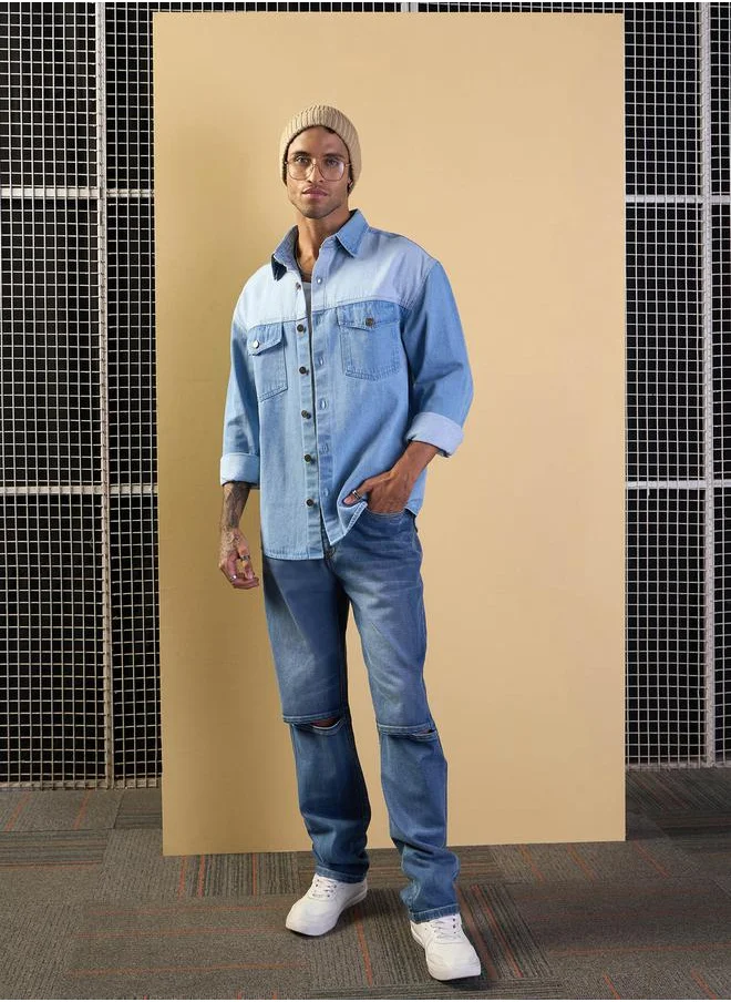 ماسكلن ساسافراس Light Blue Color Block Oversize Shacket by Styli