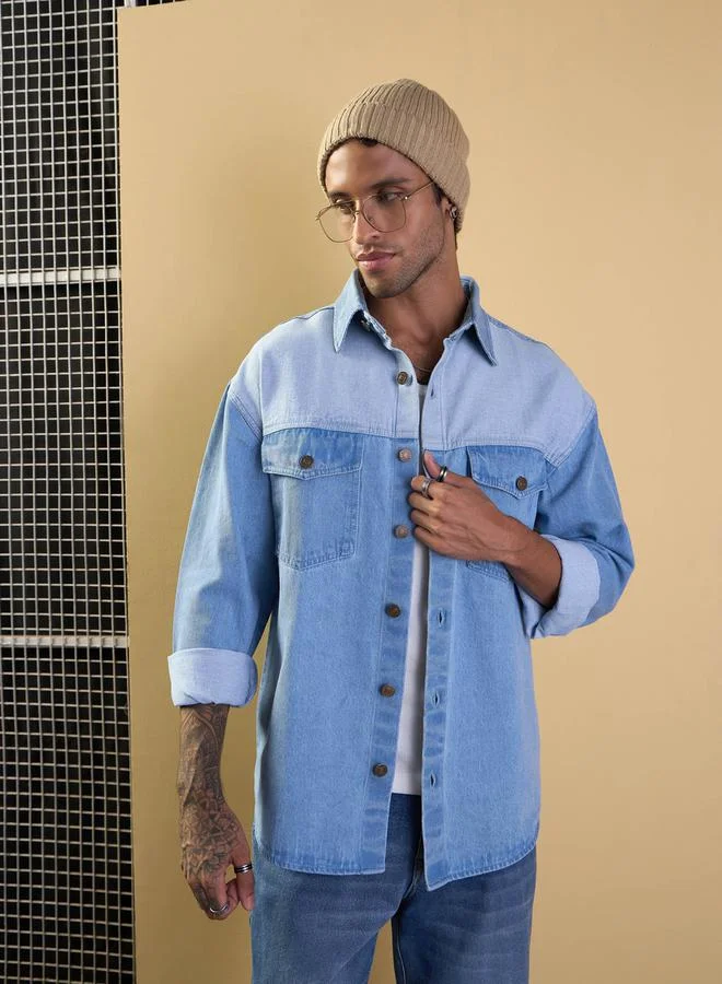 Mascln Sassafras Light Blue Color Block Oversize Shacket by Styli