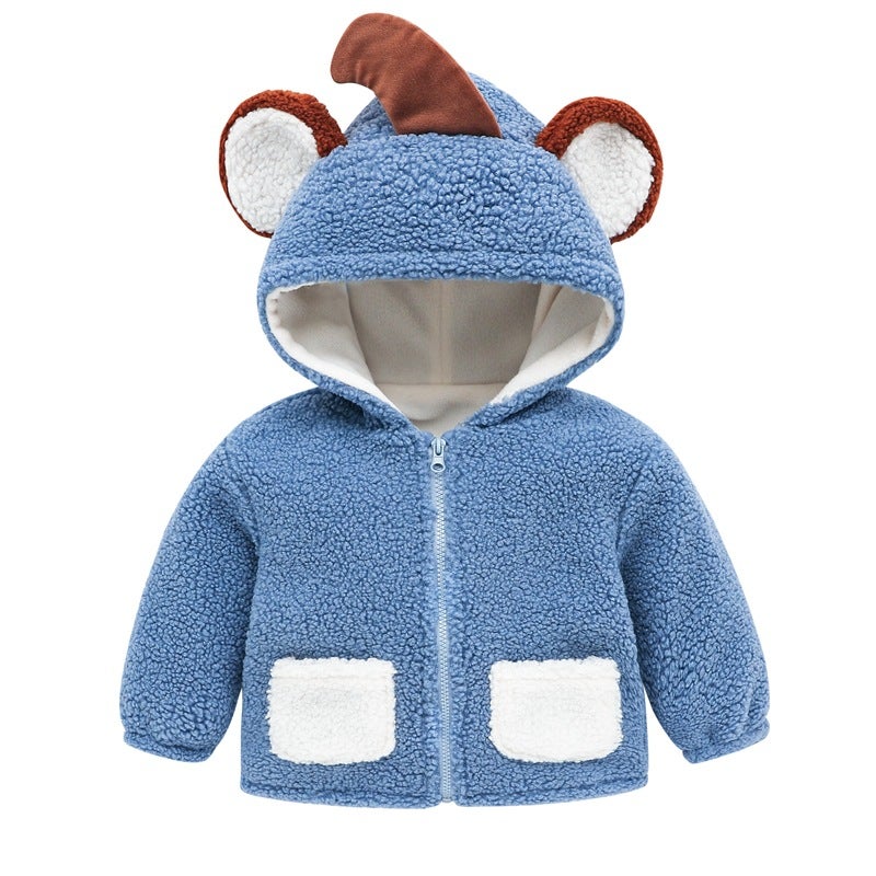 Kids Fleece-Lined Cotton Jacket Autumn Winter [Coat Particle Velvet] Blue Elephant 