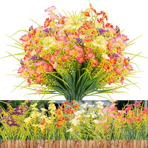 XEOLIAN 12 Bundles Artificial Outdoor Flowers Lifelike UV Resistant Fake Plastic Plants Indoor Outside Hanging Plants Garden Porch Window Box Decor Mix 6 Colors